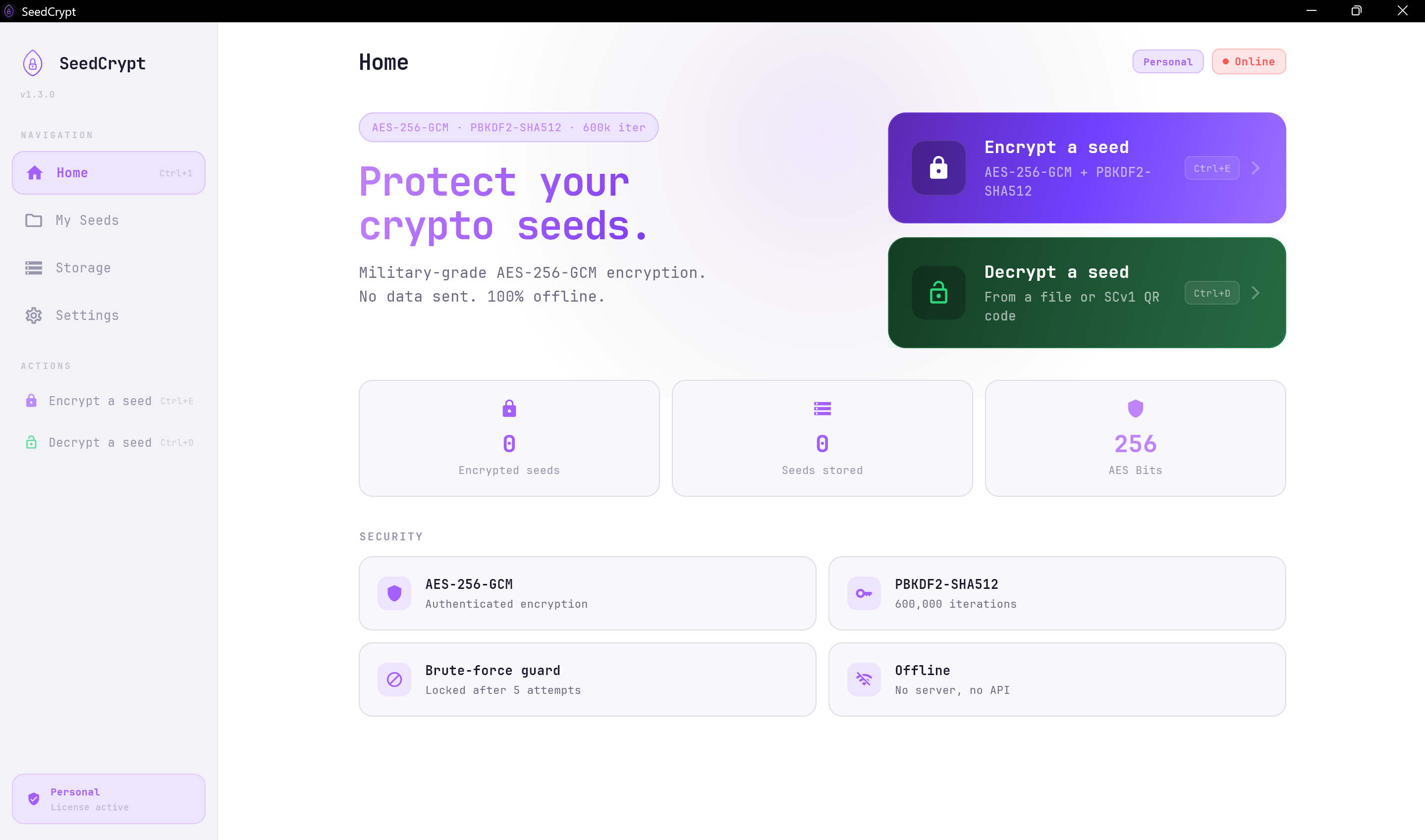 SeedCrypt desktop app home screen: Encrypt a seed and Decrypt a seed actions, plus the AES-256-GCM / PBKDF2-SHA512 / 600k iterations security panel